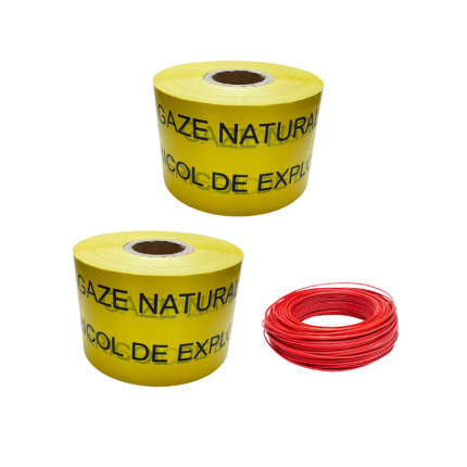 Pachet 1000 m bandă avertizoare gaz + 1000 m fir trasor FY 1.5 mm – lățime bandă 150 mm